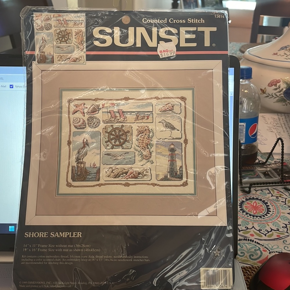 Vintage Counted Cross Stitch Sunset Shore Sampler. new in package.  1995.  USA